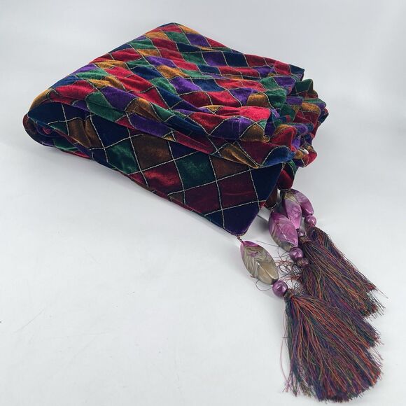 Pier 1 Imports Velvet Harlequin Jewel Tone Throw Blanket w/ Tassels 50”x60” - Picture 6 of 7